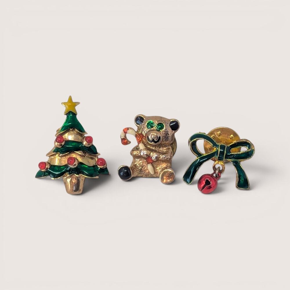 Vintage Set Of Three Christmas Enamel Lapel Pins